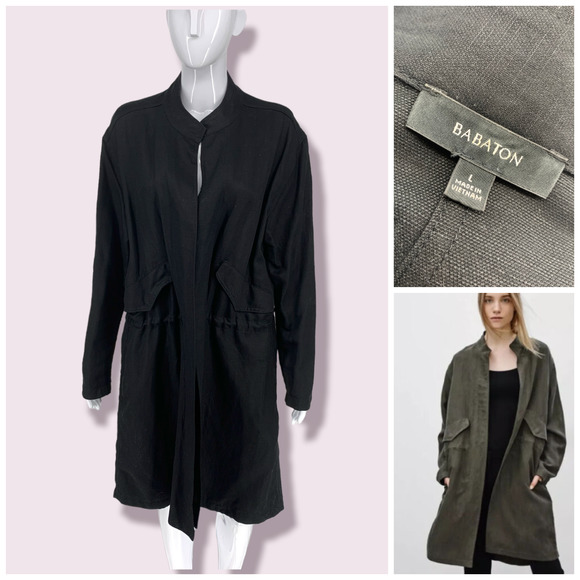 Aritzia x Babaton Clarence Black Linen Trench Coat Slouchy Jacket Large! - Picture 7 of 17